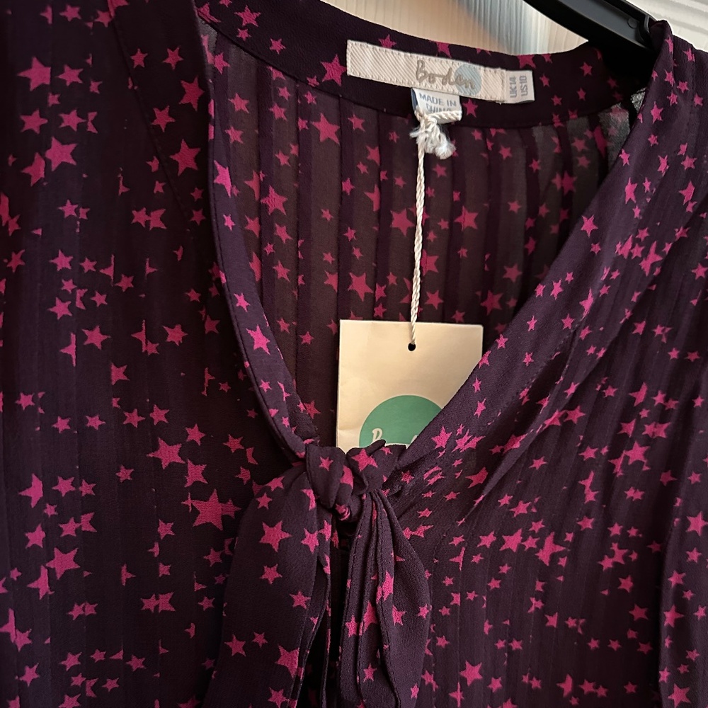 Boden Blouse, Pleating Detail, Purple/Pink stars, NWT, Women Medium